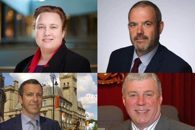 Clockwise from top left:  Erica Lewis, leader of Lancaster City Council;  Paul Foster, leader of South Ribble Borough Council;  David Henderson, leader of Wyre Council;  Alistair Bradley, leader of Chorley Council