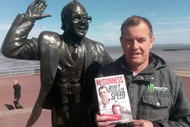John McGuinness pictured in Morecambe in 2017 with his new autobiography 'Built For Speed'.
