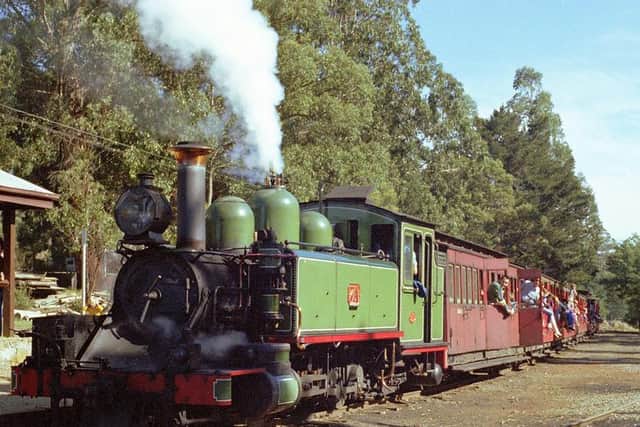 Puffing Billy in action in July 1980, scanned from negative. At Menzies Creek station. Picture by Michael Jefferies. The Puffing Billy line in Australia runs several Lancaster carriages.