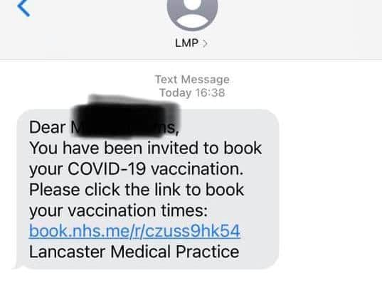 An example of a text message sent out by Lancaster Medical Practice inviting people to receive their vaccine.