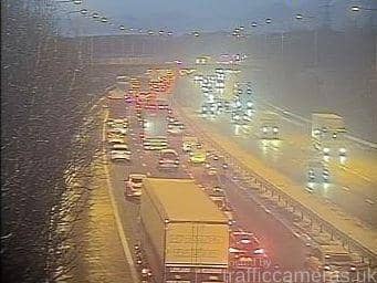 The scene of the crash on the M6 southbound between junctions 28 (Leyland, B5256) and 27 (Standish, Parbold) this morning (January 25)