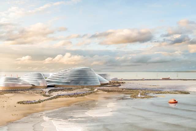 An artist's impression of the Mussel shaped biomes from the outside.