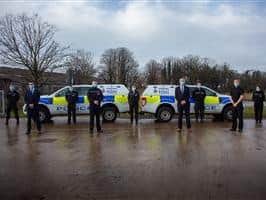 Police launch rural task force teams across Lancashire. Det Supt Nick Connaughton, Chief Insp Chris Hardy, Lancashire's Police and Crime Commissioner Clive Grunshaw and Chief Supt Sam Mackenzie with some of the rural task force officers.