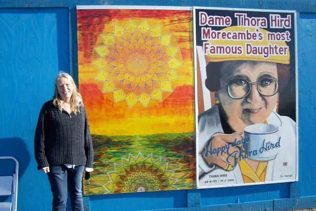 Morecambe artist Melody Treasure's new artwork alongside Bob Pickergill's Thora Hird.