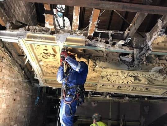Work under way on the ceiling inside the Winter Gardens. Photo by Hayles & Howe.