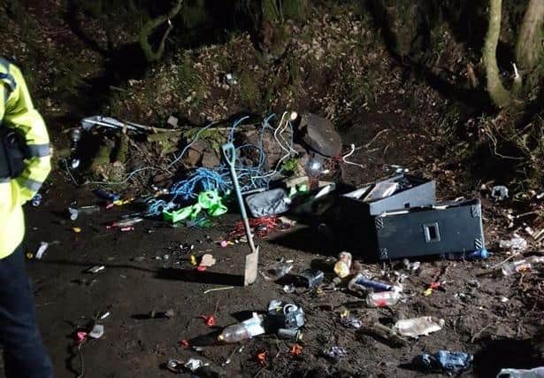 The aftermath of a rave in a Chorley woodlands which officers raided at around 9pm on Saturday (March 6). Most of the estimated 100 people in attendance fled but 12 people were detained by police and issued with £200 fines