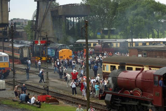 Reminiscent of the old Steamtown days, Carnforth steam depot comes alive during an open weekend, with crowd-puller, the Hogwarts Express train in the foreground.