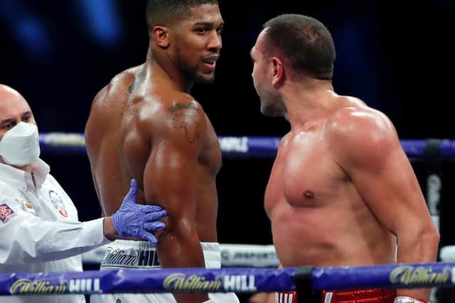 Anthony Joshua, left, on his way to beating Kubrat Pulev in his last fight