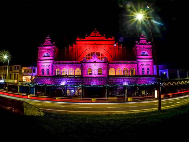 Morecambe Winter Gardens lit up at Christmas 2020 by Brent Lees. Photography by Johnny Bean @ BeanPhoto