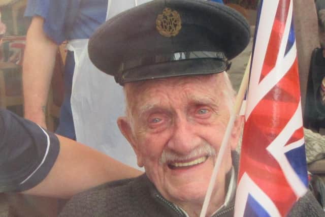 Eddie Austin pictured on Military Day at Moorside Hall nursing home on his 99th birthday. Eddie will be 100 on May 1.