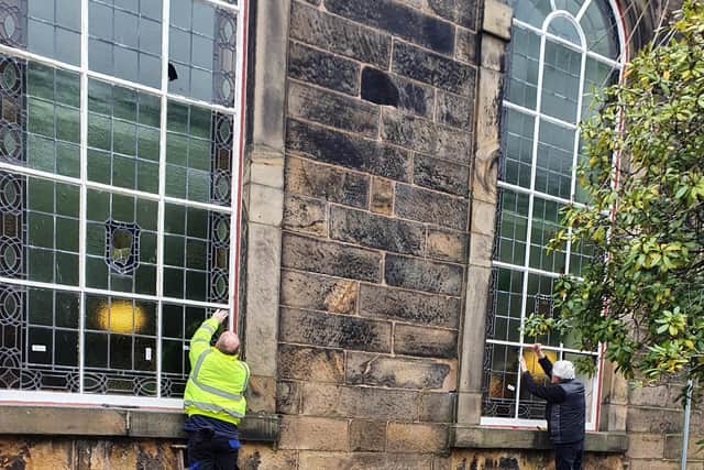 Work in progress on the windows at St John's Church, Lancaster - Photo Peter Wiltshire.