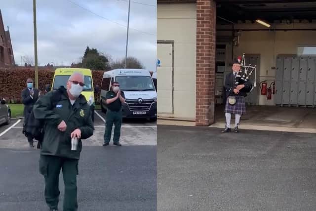 Earlier this week, NWAS care assistant David Malkin returned to work after a 12 month battle with COVID-19. He was greeted on his first day back at Whitefield ambulance station in Bury with a guard of honour from his colleagues and a bag piper