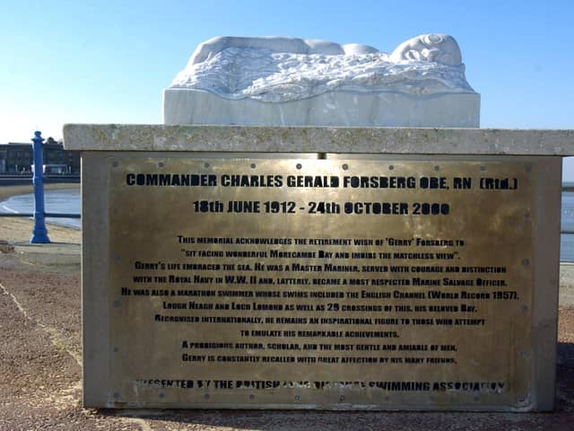 The memorial to long distance swimmer Commander Charles Gerald Forsberg OBE on the promenade opposite Regent Road.
