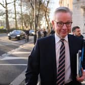 Minister for Levelling Up Michael Gove leaves a media studio following an interview on February 2 in London. Photo by Leon Neal/Getty Images
