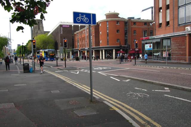 A cycle lane and advanced stop box on Oxford Road in Manchester.