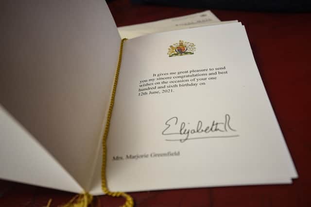 Marjorie's birthday card from the Queen.