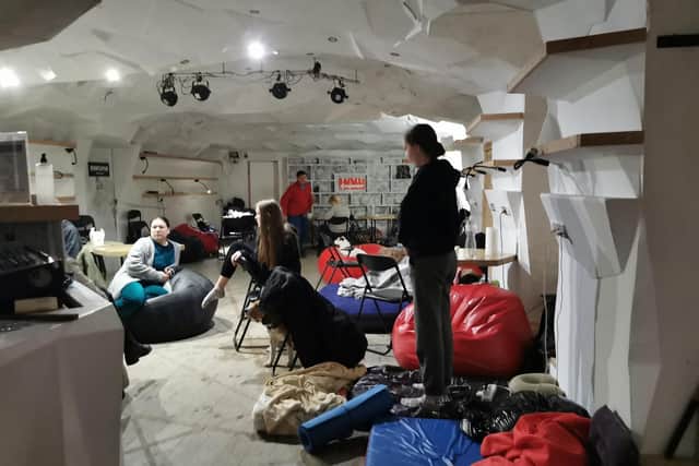 Residents wait in a shelter in Kyiv on February 27, 2022. Photo by DAPHNE ROUSSEAU/AFP via Getty Images