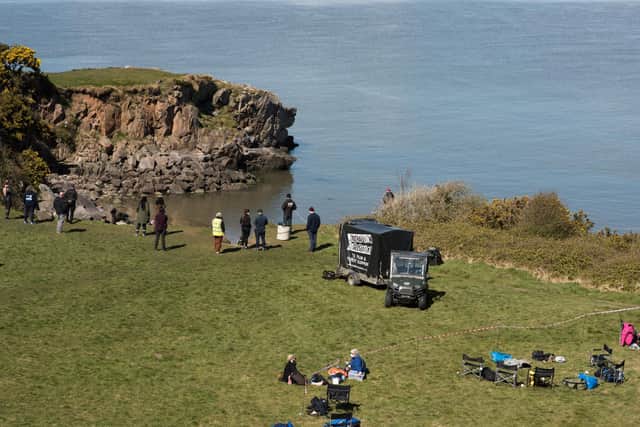 Filming under way on Heysham Barrows for The Bay. Photo by Janet Packham.