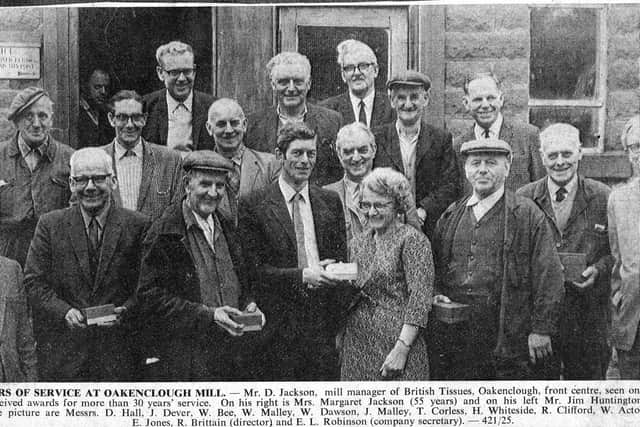 Long service awards being presented to workers at Oakenclough Mill shortly after its closure in June 1971