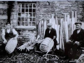 Three generations of John Singleton pose for the camera, circa 1932. Swill basket making was ordinarily carried out inside the workshop as the materials needed to be worked whilst damp; outside the wind and sun would dry them out. Picture courtesy of David Kenyon.