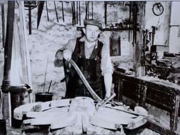 This photograph taken around 1950 shows Thomas Parker Foxcroft, a descendant of Mr Isaac Parker who ran the Joiners and Cabinet makers workshop at the time the letter was written, Mr Foxcroft is making a cart wheel in his workshop in Wray, the workshop uis probably the same as it was fifty years ago. Picture courtesy of David Kenyon.
