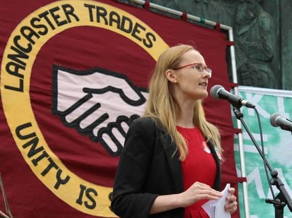 Lancaster MP speaking at a previous May Day march in Lancaster.