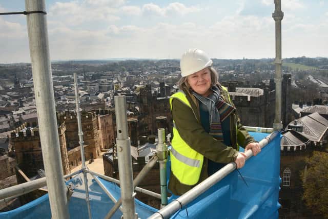 Architect Elaine Blackett Ord inspecting work at the top of Lancaster Prioery's clock tower. A short film about the restoration project will be launched in May. Picture by Darren Andrews.