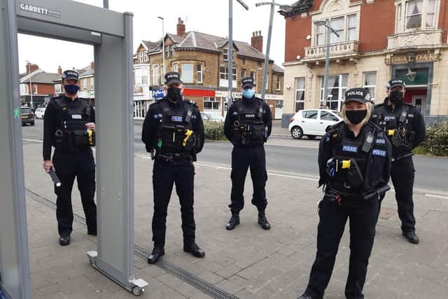 Blackpool police officers with the knife arch during Operation Sceptre