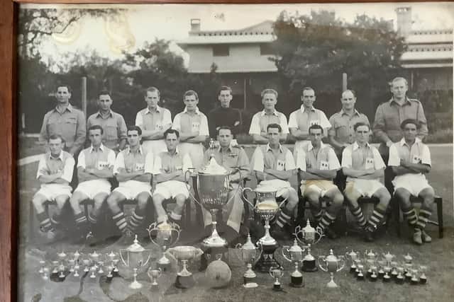 Ronnie Tomlinson was in the RAF and was a keen sportsman who played football for his unit in India. Ronnie is pictured third from the right standing up.