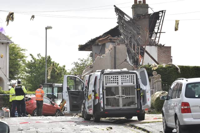 The explosion site in Mallowdale Avenue on Sunday.
