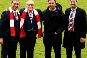 Morecambe's board and manager celebrate reaching Wembley last weekend