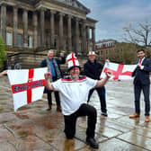 England fans are set to gather on the Flag Market - but will be socially distanced for at least the first two screenings of the team's group games (pictured:  Mike Pixton, centre, with Serena Baxter, Paul Harrison, Paul Butcher and Richard Fontana)