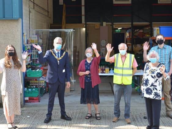 Some of the Olive Branch team with Lancaster MP Cat Smith (left) and Lancaster mayor Coun Mike Greenall (second left) at their temporary unit on Lansil Way.