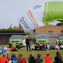Human Swan Sacha Dent at Trumacar school meeting pupils. Sacha is attempting to be the first to circumnavigate the mainland of Britain using an electric paramotor. Picture by Peter Storry.