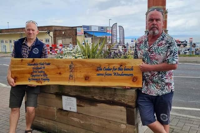 John O'Neill, Morecambe BID manager, and Tom Powney, Morecambe BID manager, with wood from 10 new benches the BID has funded for Morecambe, made of cedar, cherry, oak and field maple.