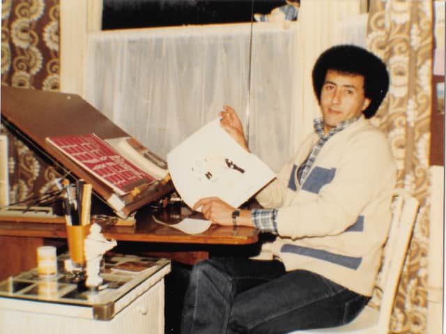 Satirist at work - at his desk in Burnley (1980)