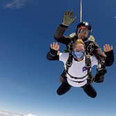 Jo Towers pictured during her tandem skydive at Black Knights Parachute Centre.