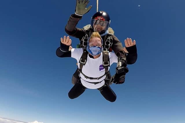Jo Towers pictured during her tandem skydive at Black Knights Parachute Centre.