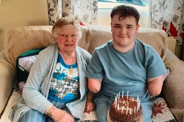 Elsie McDonald with her great grandson Harley Lane, who has just celebrated his sixteenth birthday. Harley had to have all four limbs amputated when he was four after contracting meningitis.