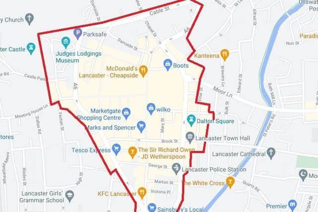 The police dispersal order zone around Lancaster city centre.