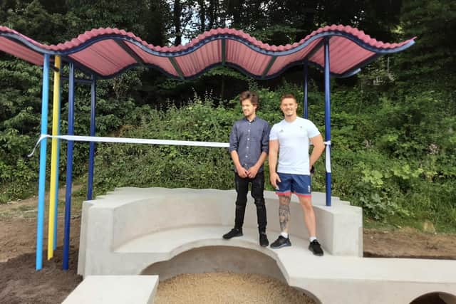 Billy Walden with Olympic gymnast Brinn Bevan at the finished seating area.