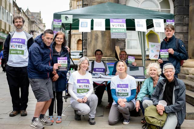The protest against government plans for a First Past the Post voting system - Market Square Lancaster, where there was a petition to sign and participants took part in a noisy protest at noon. Pictured from left: David Burton, Nick Anderton, Jane Pullen, Anne Margaret Smith, Colette Bain, Mollie Foxall, Tim Dant, Nick Derricourt and Andy Chapple.