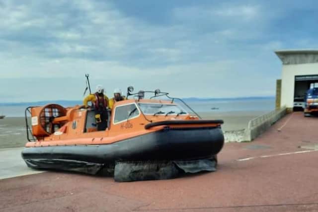 Morecambe RNLI hovercraft was launched to rescue two kayakers from Glasson Dock.