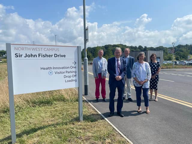 Trustees from the foundation with members of the Lancaster University community at Sir John Fisher Drive. From left are trustee Michael Shields, Vice-Chancellor Prof Andy Schofield, trustee David Hart Jackson, trustee Diane Meacock and Dean of Health and Medicine Prof Jo Rycroft-Malone