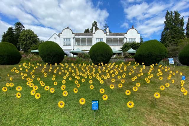 The beautiful steel sunflower display in the Lake District National ParksBrockholeon Windermere.