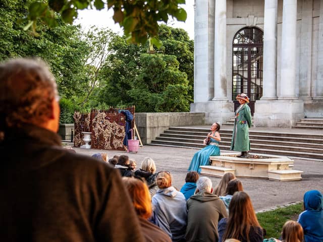 A scene featuring Helen Longworth and Clare Storey from The Dukes production of Grimm Tales in Williamson Park, Lancaster. Picture by Grant Archer.