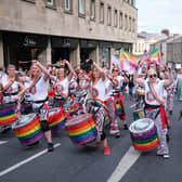 Drummers join the Lancaster Pride parade.
