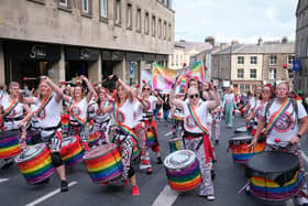 Drummers join the Lancaster Pride parade.