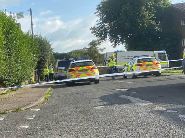 Police and bomb disposal vehicles at the corner of St. Pauls Road and Heaton Road in Lancaster on Tuesday, August 24. Residents were evacuated in the afternoon. Picture by Rachel Harvey.
