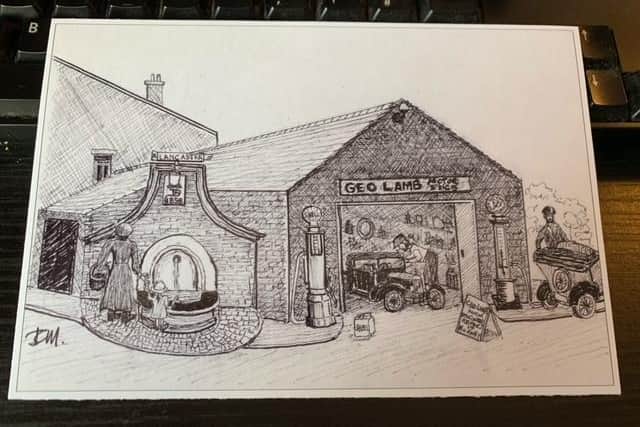 Drawing by Colin Miller of the original Lunesdale garage built in 1920 for George Lamb.